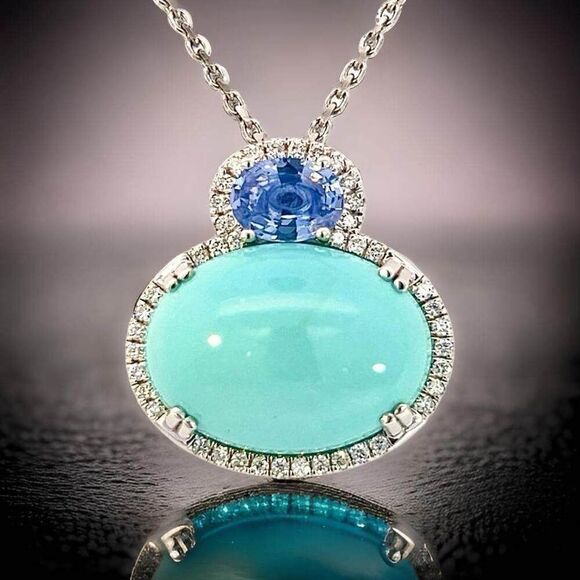 Turquoise Sapphire Diamond Necklace 17" 14k 19.03 TCW Certified $6,950 311694 - Picture 8 of 15